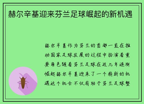 赫尔辛基迎来芬兰足球崛起的新机遇 赫尔辛基迎来芬兰足球崛起的新机遇